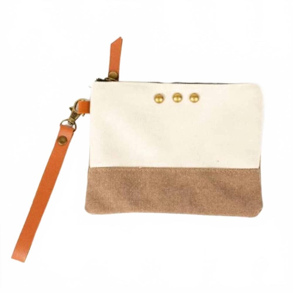 NEW PRETTY SIMPLE women's canvas wristlet pouch in tan contrast